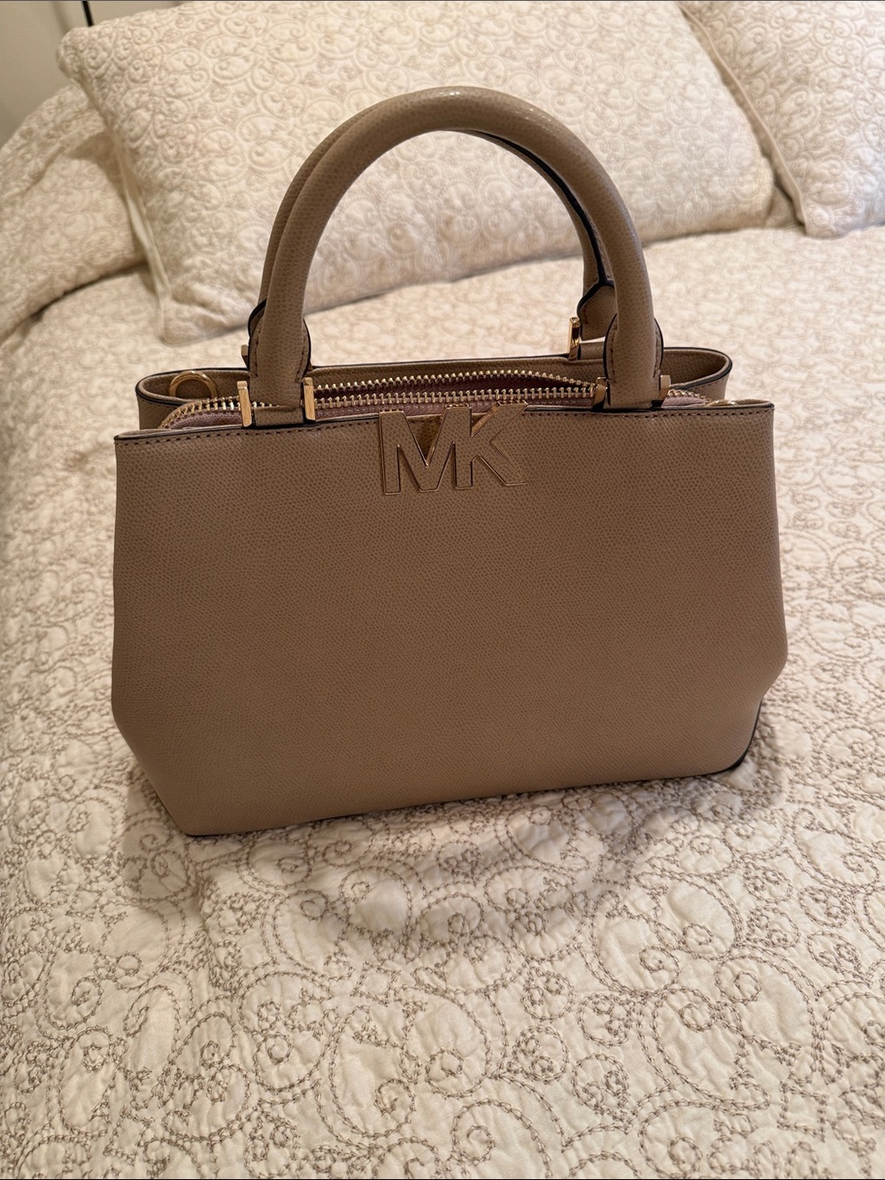 Michael Kors Taupe Leather Satchel with MK Logo and Gold Hardware